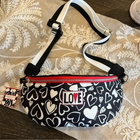 NWT Brighton Black and White Heart Print Sling Bag - Picture 1 of 9